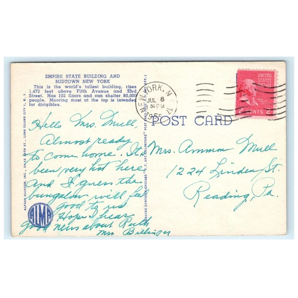 Vintage Postcard Manhattan New‎ York City NY Empire State Building Posted Linen